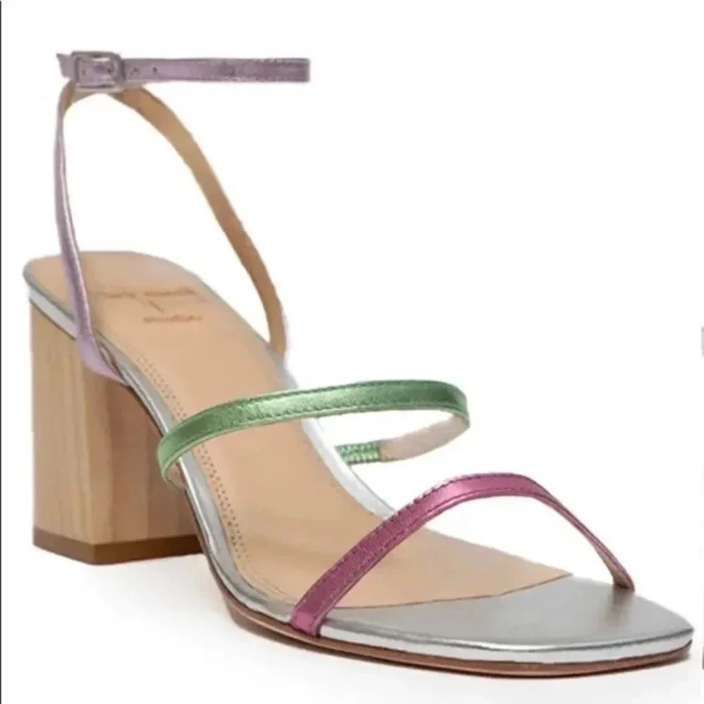 Black Suede Studio Verana Ankle Strap Sandal Silver block heel Size 38.5 (8)